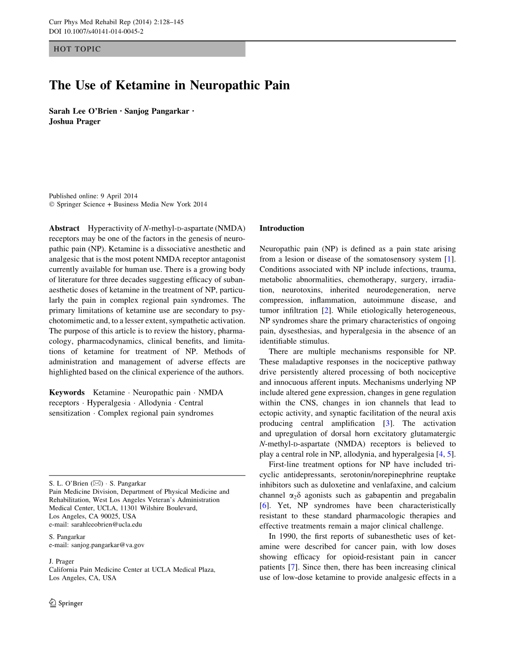 The Use of Ketamine in Neuropathic Pain