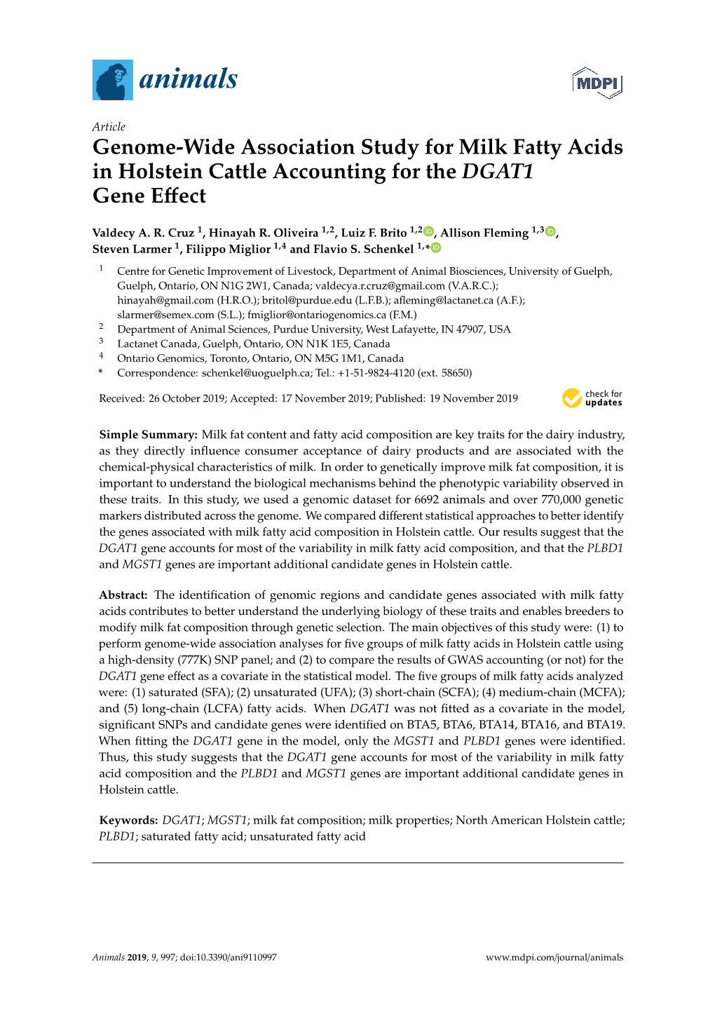 Genome-Wide Association Study for Milk Fatty Acids in Holstein Cattle Accounting for the DGAT1 Gene Eﬀect