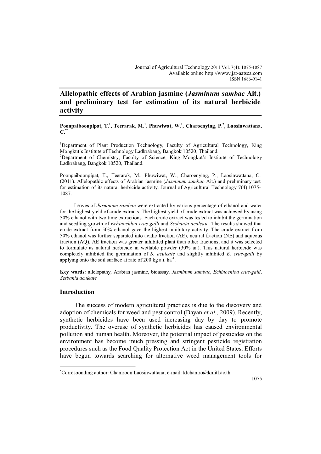 Allelopathic Effects of Arabian Jasmine (Jasminum Sambac Ait.) and Preliminary Test for Estimation of Its Natural Herbicide Activity