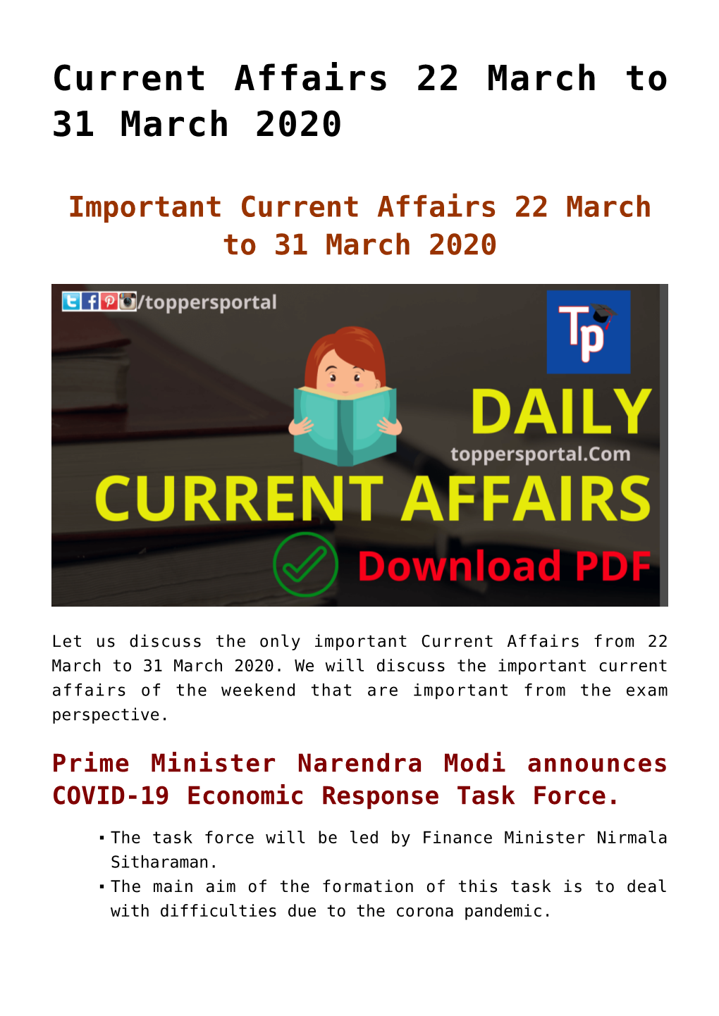 Current Affairs 22 March to 31 March 2020