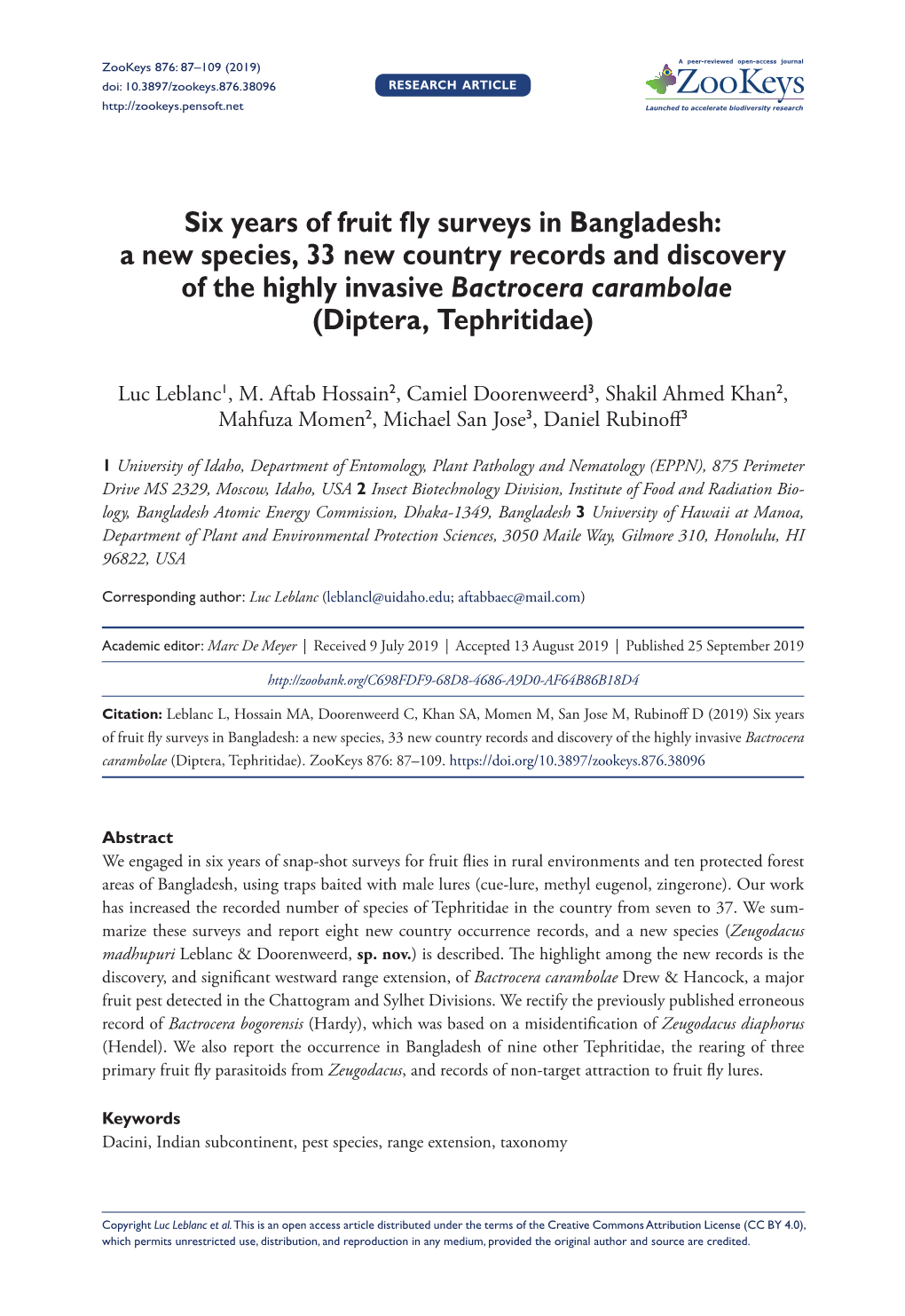 Six Years of Fruit Fly Surveys in Bangladesh: a New Species, 33 New Country Records and Discovery of the Highly Invasive Bactrocera Carambolae (Diptera, Tephritidae)