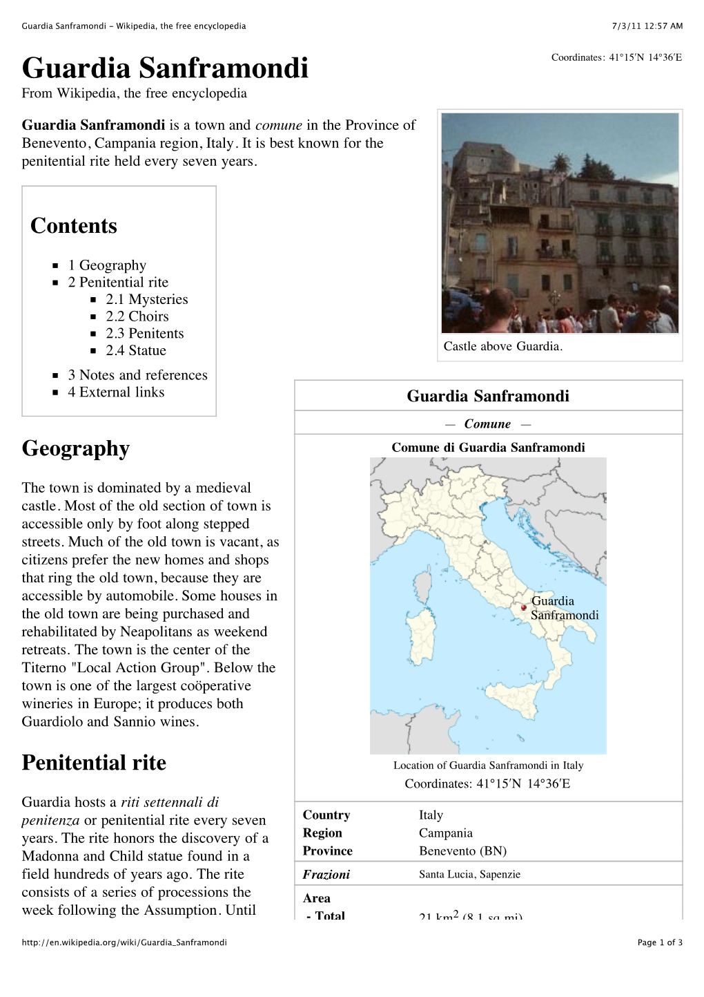 Guardia Sanframondi - Wikipedia, the Free Encyclopedia 7/3/11 12:57 AM Guardia Sanframondi Coordinates: 41°15′N 14°36′E from Wikipedia, the Free Encyclopedia