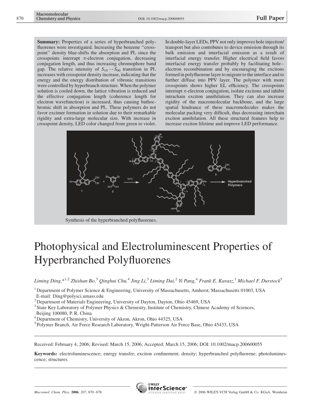 Photophysical and Electroluminescent Properties of Hyperbranched Polyfluorenes