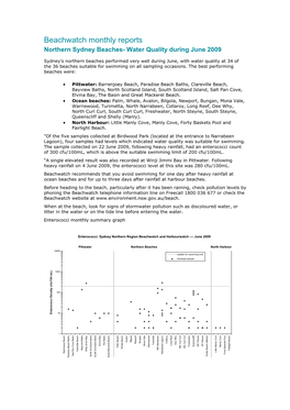 Beachwatch Monthly Reports Northern Sydney Beaches- Water Quality During June 2009