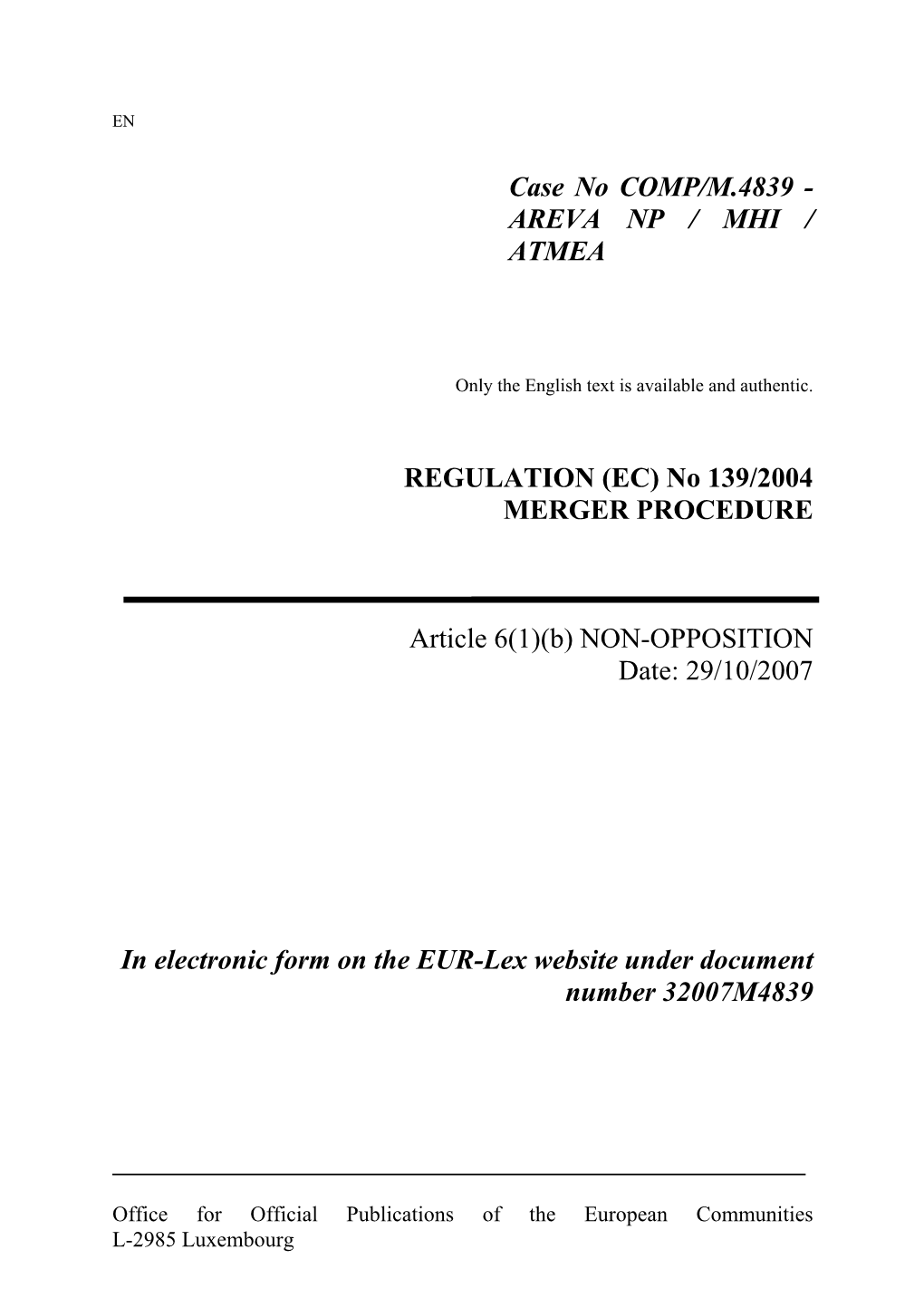 Case No COMP/M.4839 - AREVA NP / MHI / ATMEA