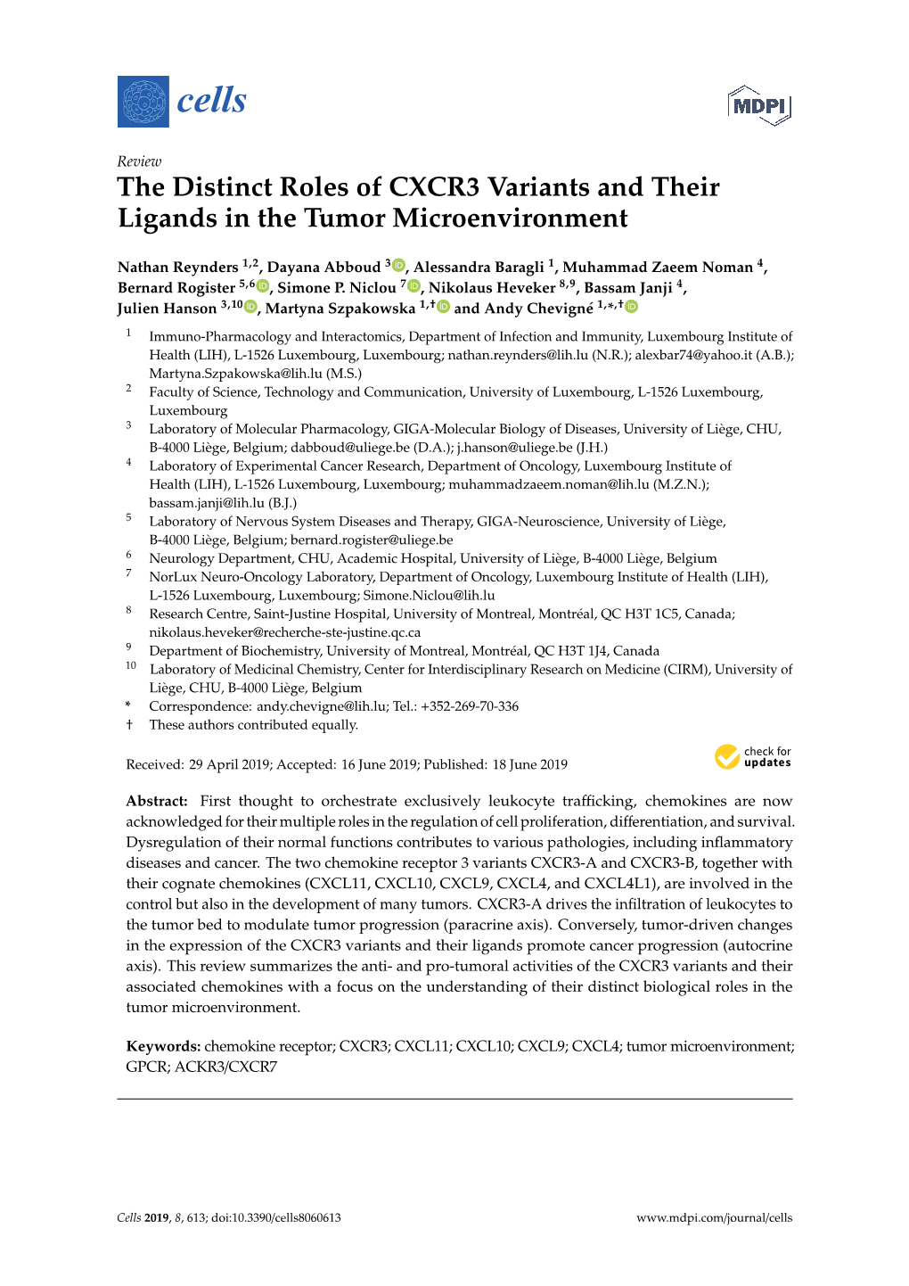 The Distinct Roles Of Cxcr3 Variants And Their Ligands In The Tumor