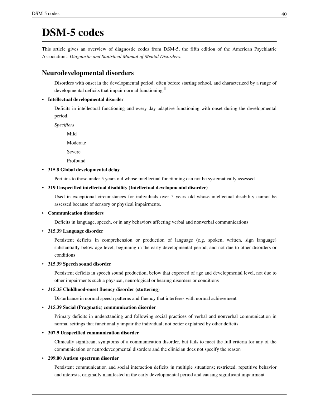 DSM-5 Codes 40