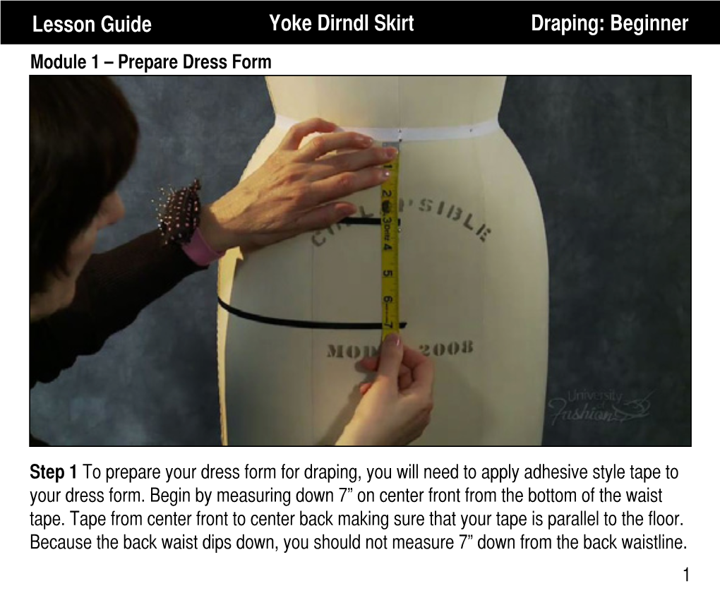 Lesson Guide Yoke Dirndl Skirt Draping: Beginner Module 1 – Prepare Dress Form