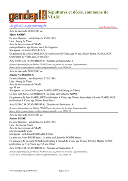 Sépultures Et Décès, Commune De VIAM