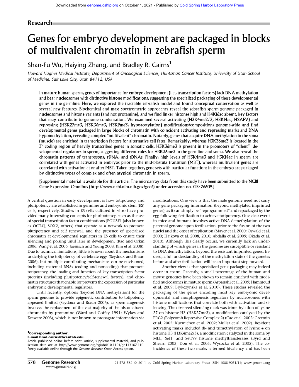 Genes for Embryo Development Are Packaged in Blocks of Multivalent Chromatin in Zebrafish Sperm