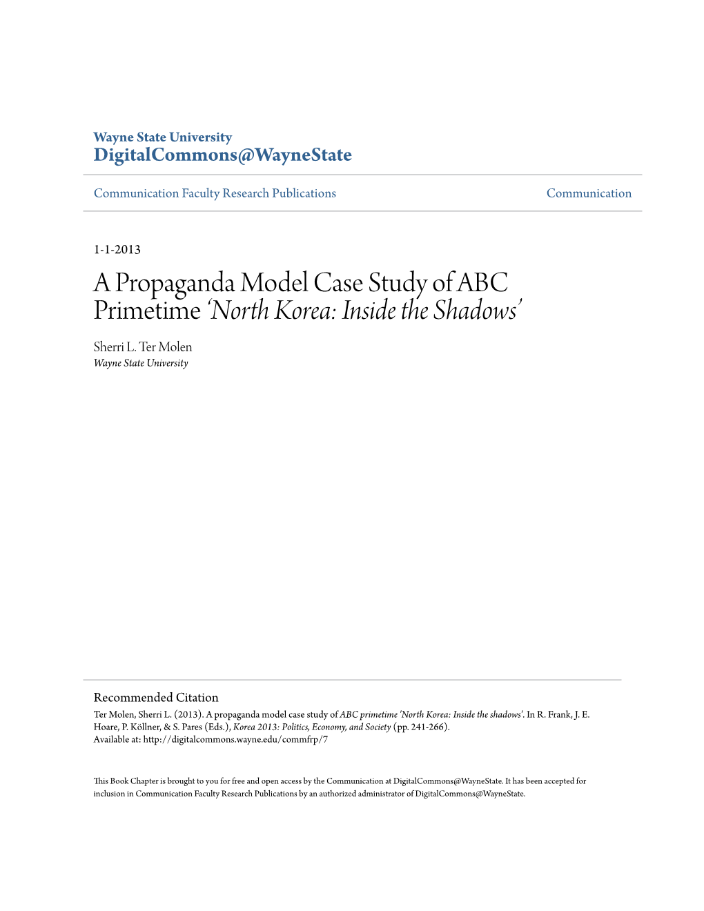 A Propaganda Model Case Study of ABC Primetime Â•Ÿnorth Korea