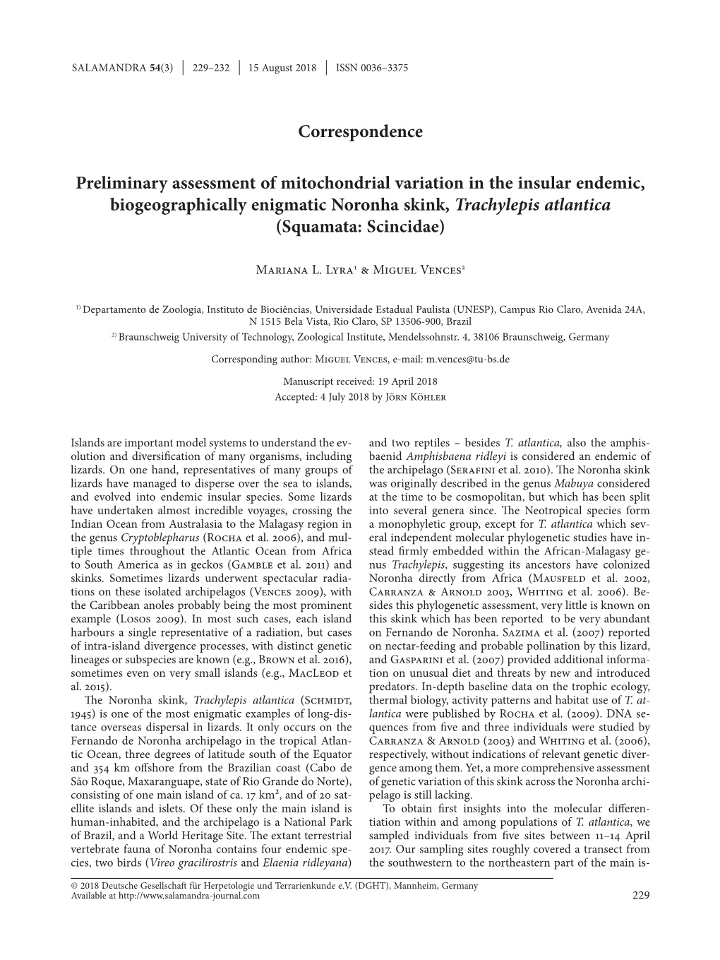 Preliminary Assessment of Mitochondrial Variation in the Insular Endemic, Biogeographically Enigmatic Noronha Skink, Trachylepis Atlantica (Squamata: Scincidae)