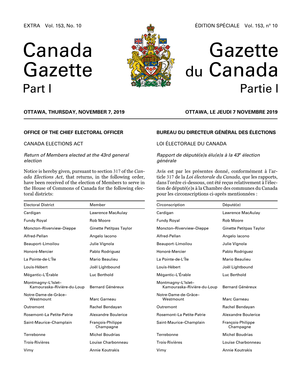 Canada Gazette, Part I