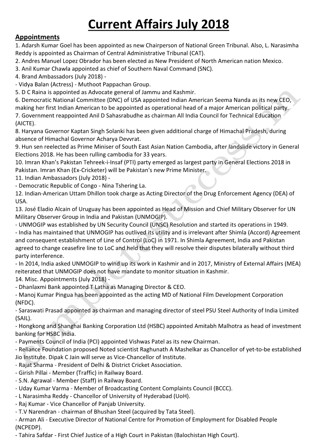 Current Affairs July 2018 Appointments 1