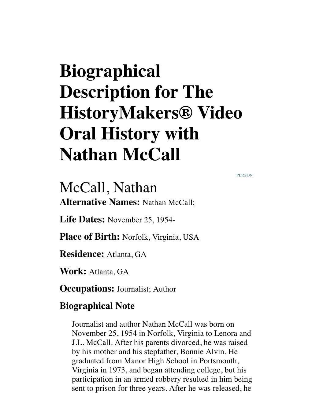 Biographical Description for the Historymakers® Video Oral History with Nathan Mccall