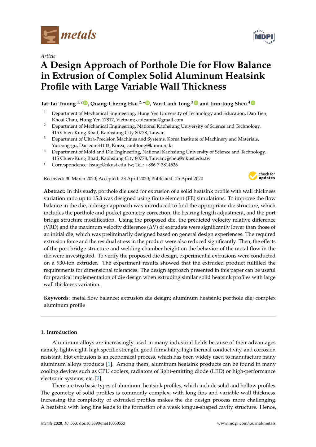 A Design Approach of Porthole Die for Flow Balance in Extrusion of Complex Solid Aluminum Heatsink Proﬁle with Large Variable Wall Thickness