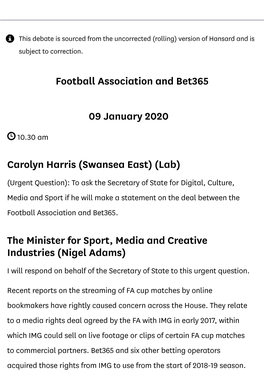 Football Association and Bet365 09 January 2020 Carolyn Harris