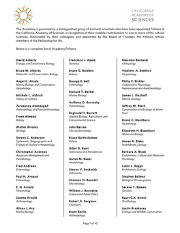 Fellows of the California Academy of Sciences in Recognition of Their Notable Contributions to One Or More of the Natural Sciences