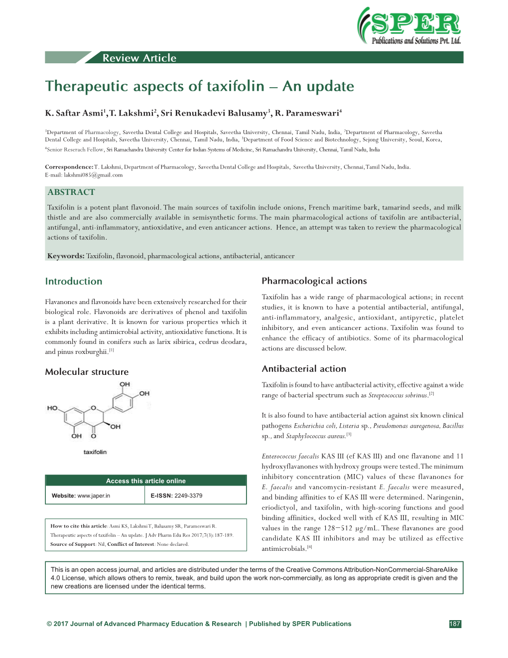 Therapeutic Aspects of Taxifolin – an Update