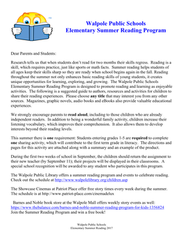 Walpole Public Schools Elementary Summer Reading Program
