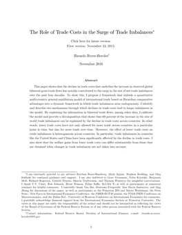 The Role of Trade Costs in the Surge of Trade Imbalances*