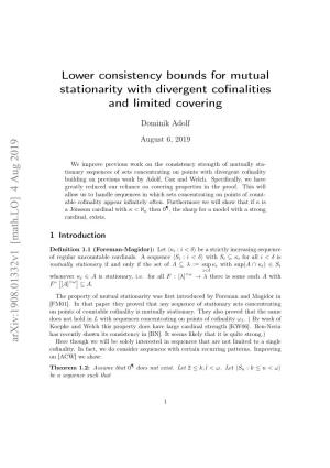 Lower Consistency Bounds for Mutual Stationarity with Divergent Cofinalities and Limited Covering Arxiv:1908.01332V1 [Math.LO]