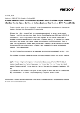Subject : Verizon Partner Solutions Industry Letter: Notice of Price