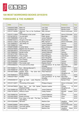 100 Most Borrowed Books 2015/2016 Yorkshire & the Humber