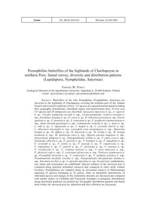 Pronophiline Butterflies of the Highlands of Chachapoyas in Northern Peru: Faunal Survey, Diversity and Distribution Patterns (Lepidoptera, Nymphalidae, Satyrinae)