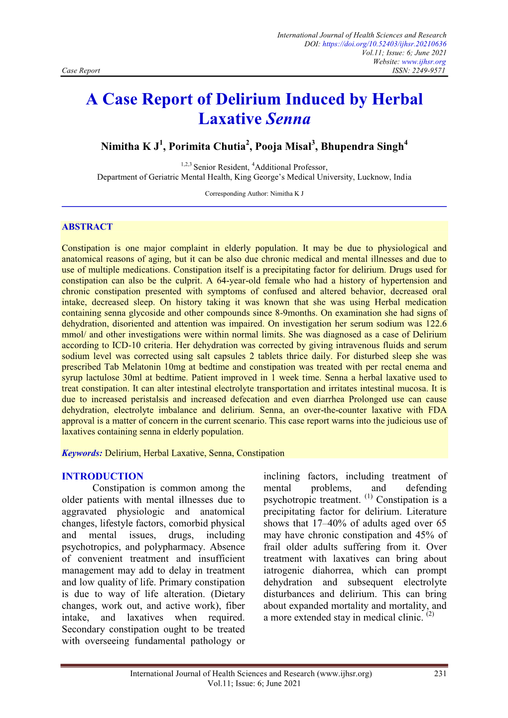 A Case Report of Delirium Induced by Herbal Laxative Senna