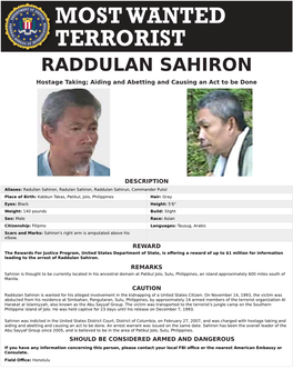 RADDULAN SAHIRON Hostage Taking; Aiding and Abetting and Causing an Act to Be Done
