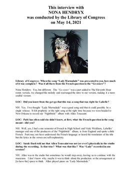 Interview with NONA HENDRYX Was Conducted by the Library of Congress on May 14, 2021