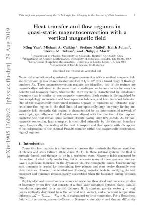 Heat Transfer and Flow Regimes in Quasi-Static Magnetoconvection