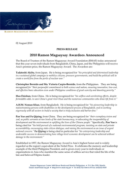 2010 Ramon Magsaysay Awardees Announced