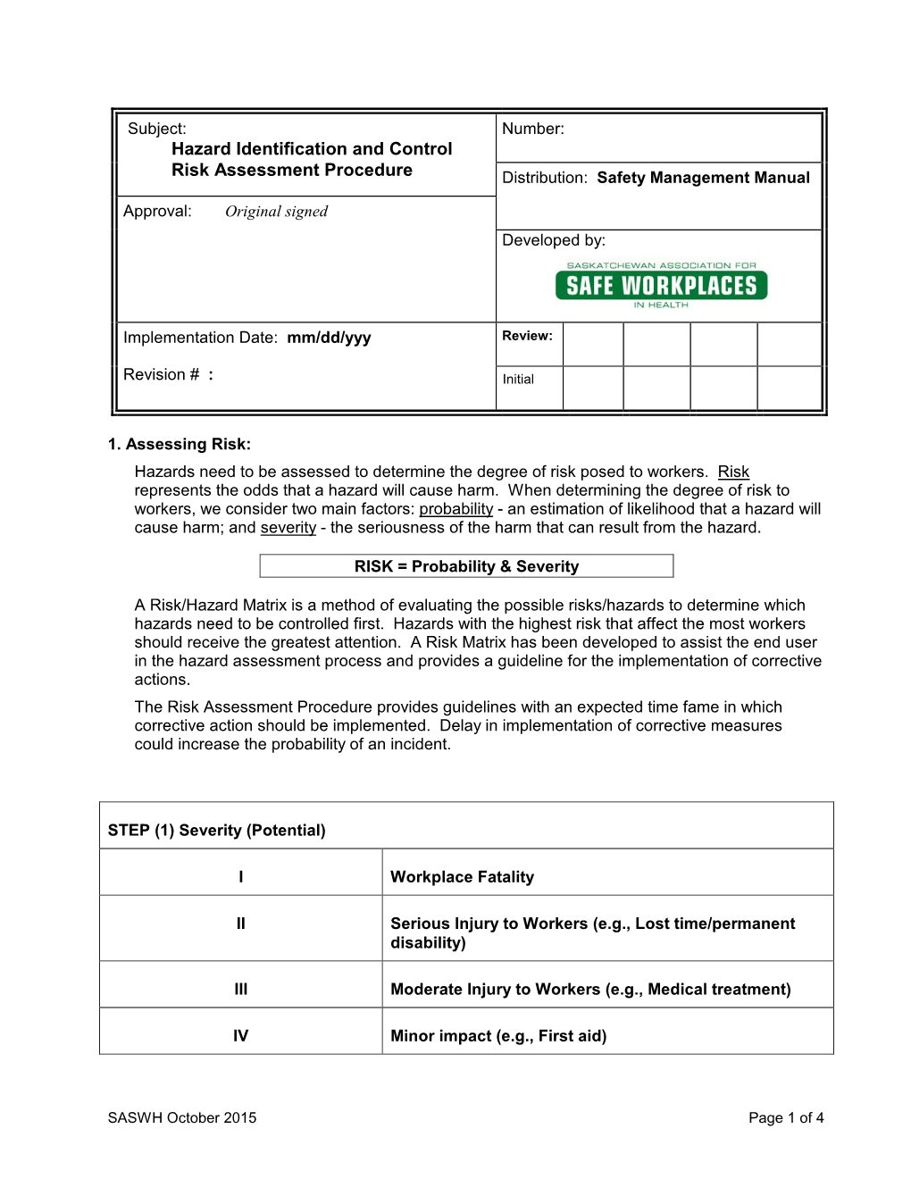 Hazard Identification And Control Risk Assessment Procedure 