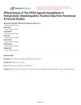 Effectiveness of the PPAR Agonist Saroglitazar in Nonalcoholic Steatohepatitis: Positive Data from Preclinical & Clinical Studies