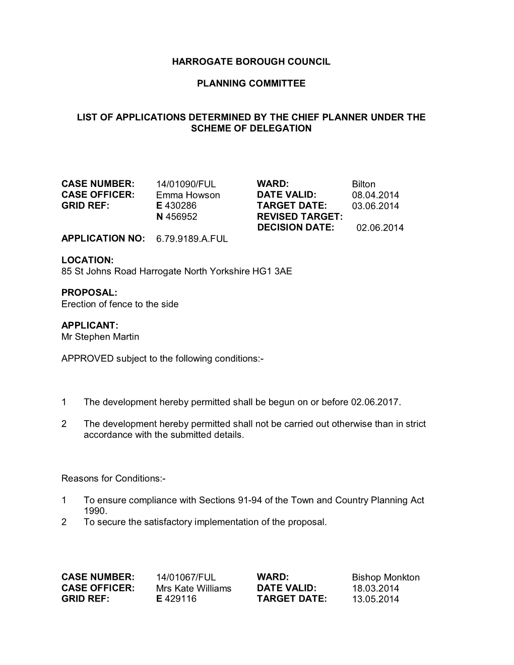 Harrogate Borough Council Planning Committee List Of