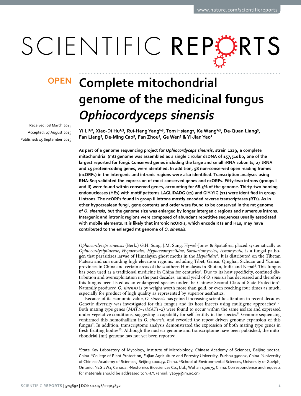 Complete Mitochondrial Genome of the Medicinal Fungus