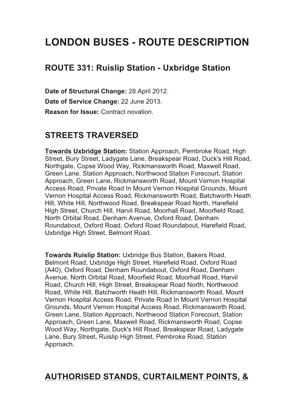 London Buses - Route Description