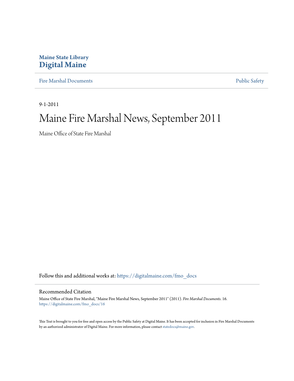 Maine Fire Marshal News, September 2011 Maine Office Oft S Ate Fire Marshal