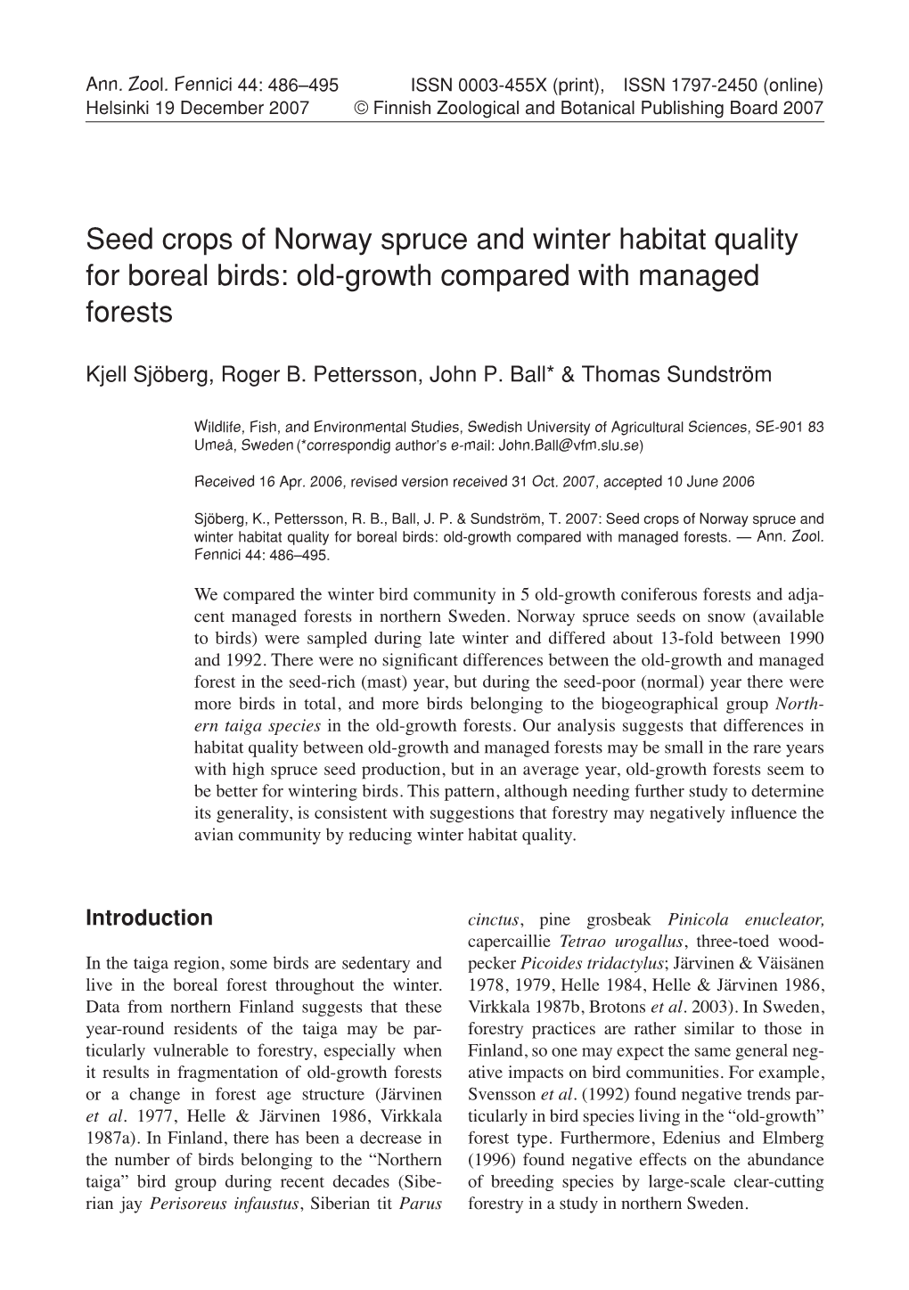 Seed Crops of Norway Spruce and Winter Habitat Quality for Boreal Birds: Old-Growth Compared with Managed Forests