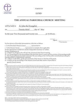 THE ANNUAL PAROCHIAL CHURCH MEETING Will Be Held in St