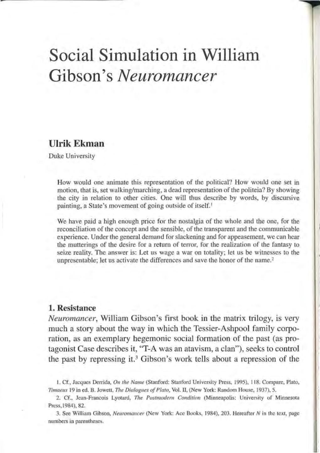 Social Simulation in William Gibson's Neuromancer