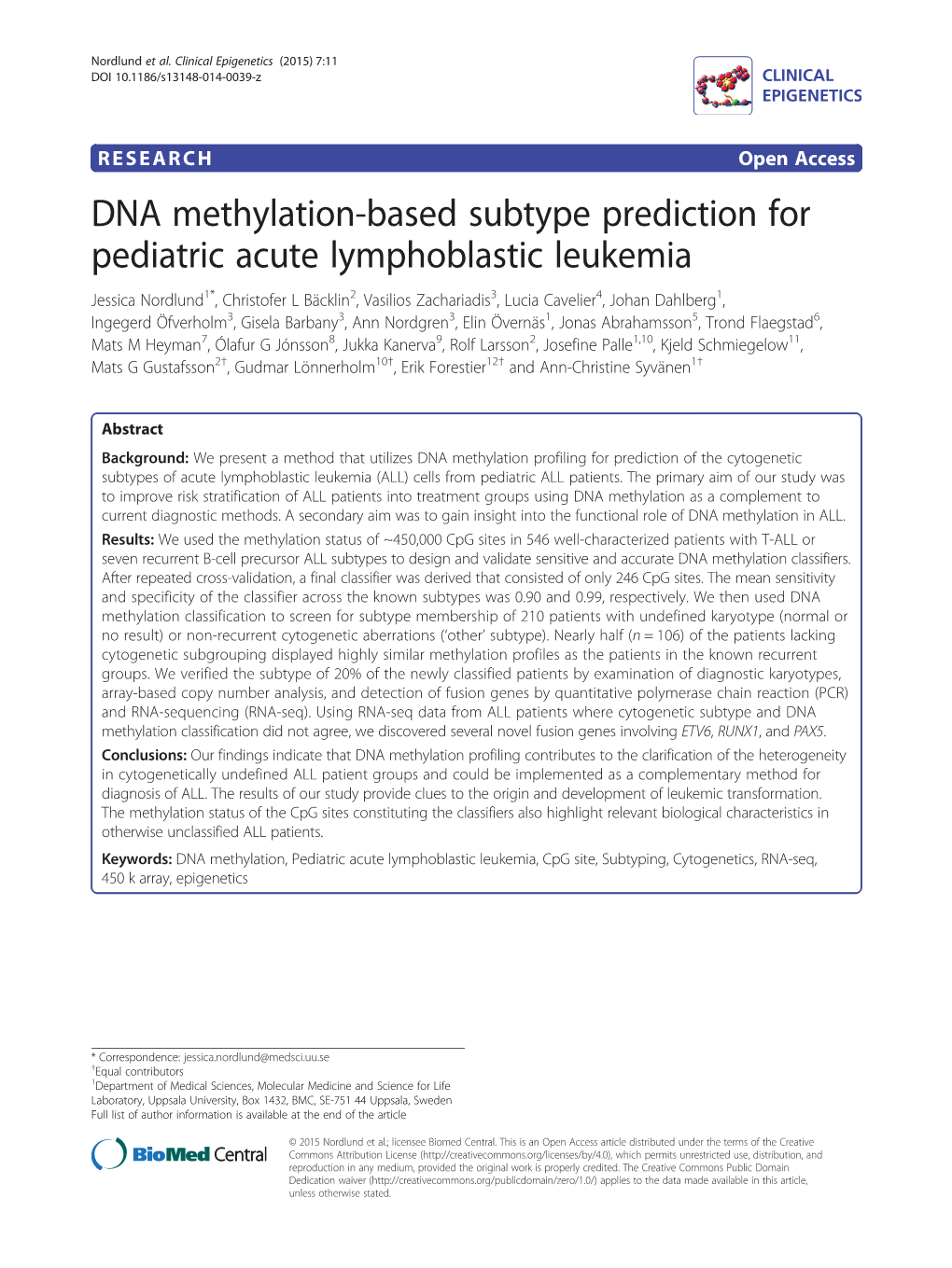 DNA Methylation-Based Subtype Prediction for Pediatric Acute