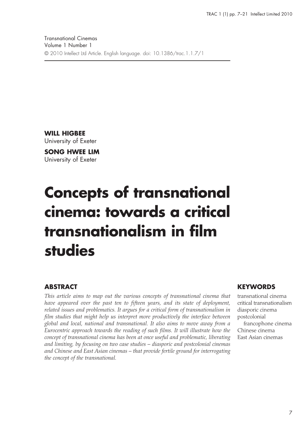 Concepts of Transnational Cinema: Towards a Critical Transnationalism in Film Studies