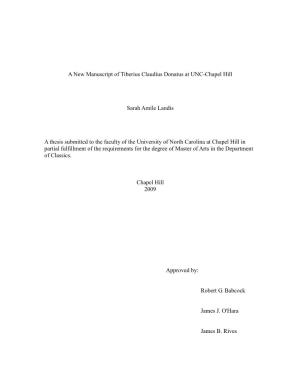 A New Manuscript of Tiberius Claudius Donatus at UNC-Chapel Hill Sarah Amile Landis a Thesis Submitted to the Faculty of The