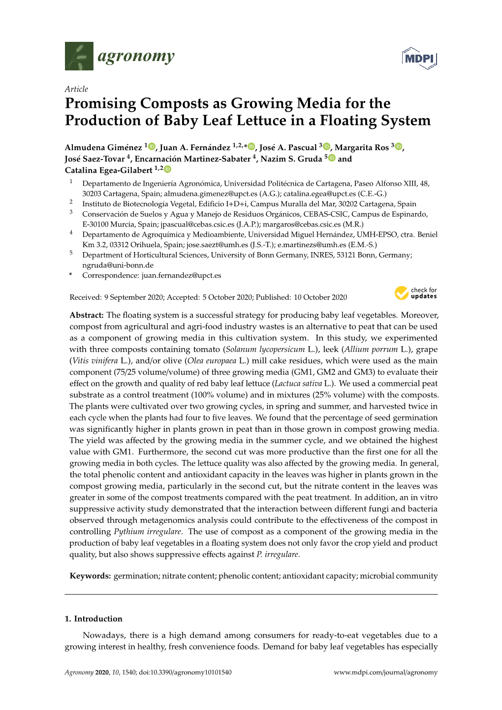 Promising Composts As Growing Media for the Production of Baby Leaf Lettuce in a Floating System