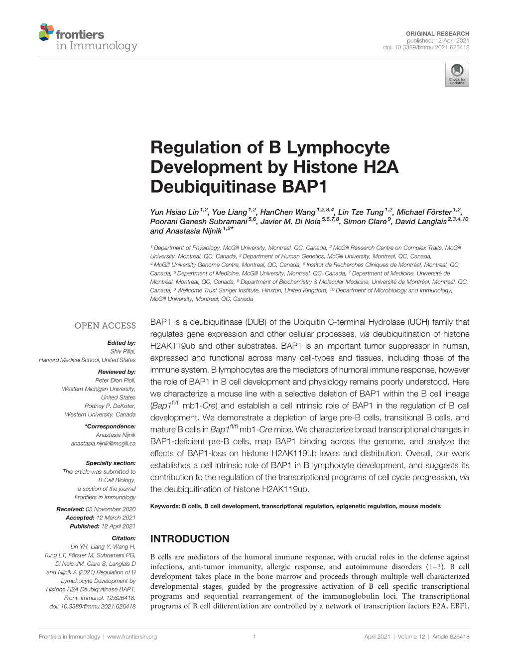 Regulation of B Lymphocyte Development by Histone H2A Deubiquitinase BAP1