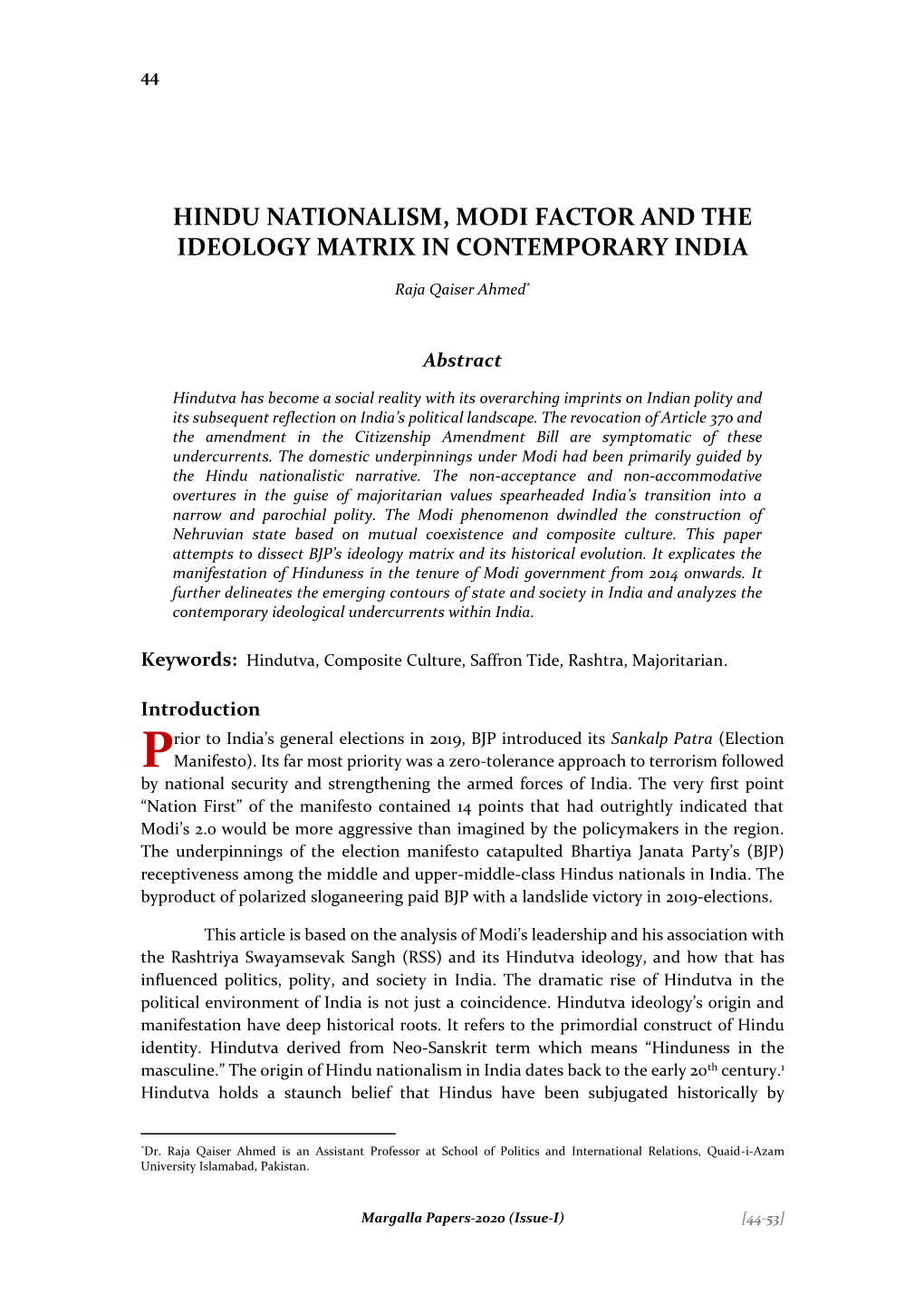 Hindu Nationalism, Modi Factor and the Ideology Matrix in Contemporary India