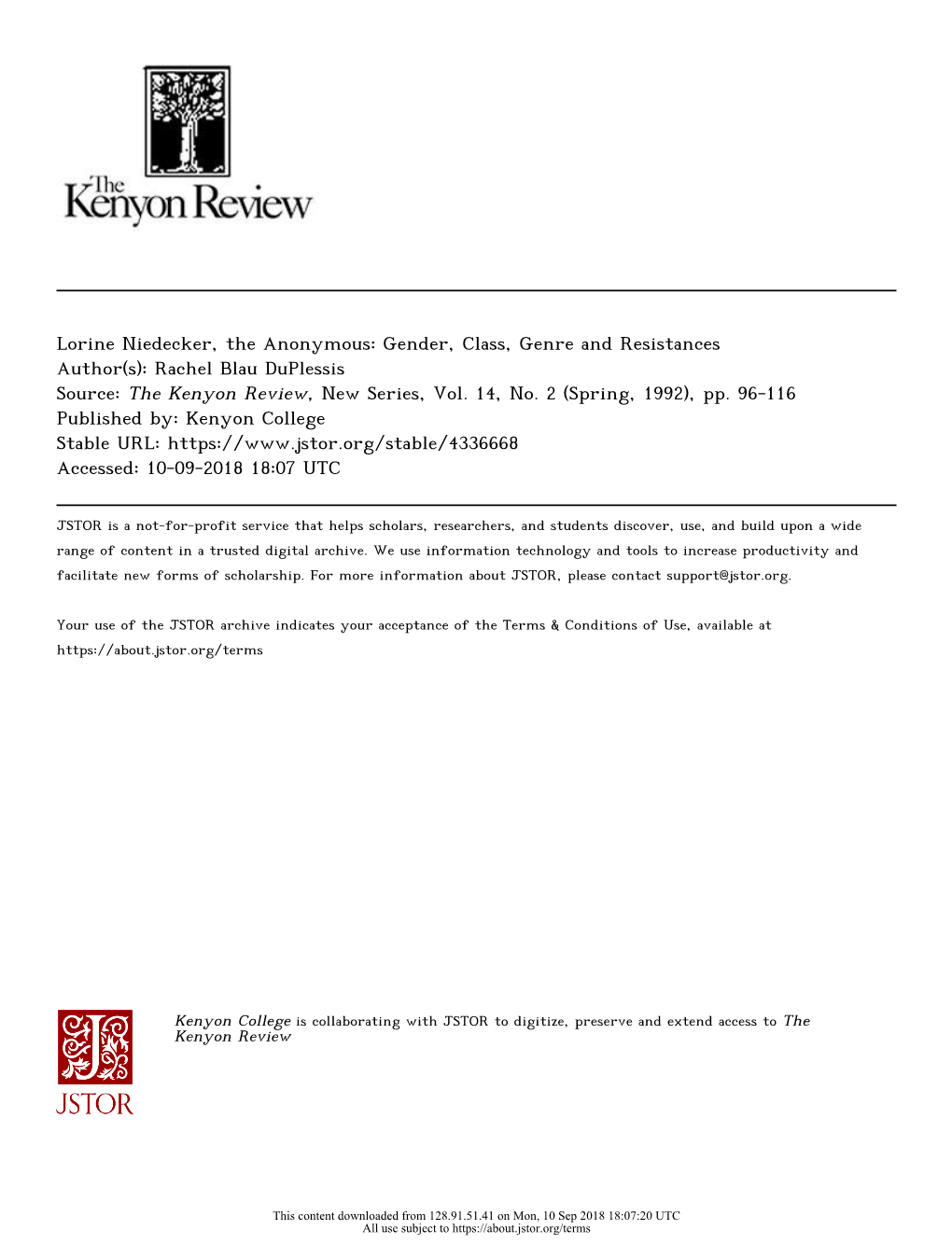 Lorine Niedecker, the Anonymous: Gender, Class, Genre and Resistances Author(S): Rachel Blau Duplessis Source: the Kenyon Review, New Series, Vol